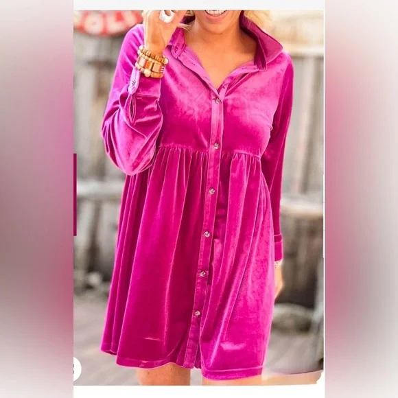 PINK Velvet Button-Up Dress size L - Picture 9 of 10